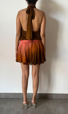 Rococo Sand | Rae Viscose Flat Chiffon Halter Neck Short Dress | Peach Brown Ombre