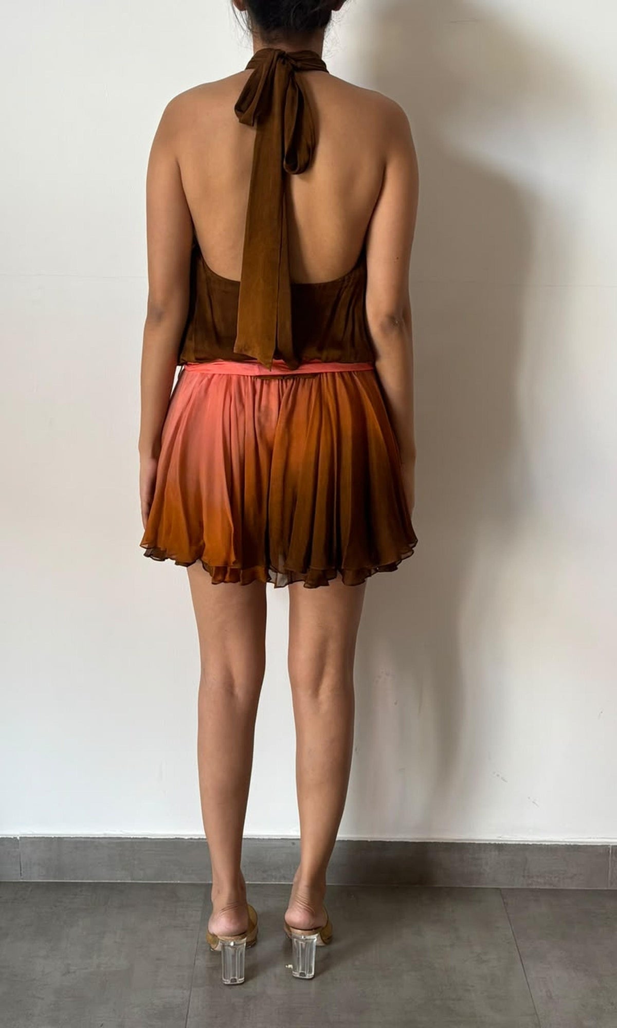 Rococo Sand | Rae Viscose Flat Chiffon Halter Neck Short Dress | Peach Brown Ombre