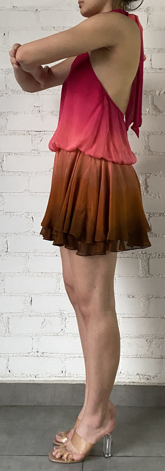Rococo Sand | Rae Halter-Neck Short Dress | Peach/Brown Ombre