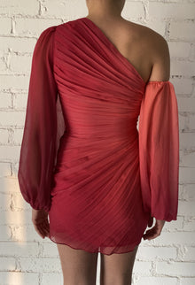 Rococo Sand | Rae One-Shoulder Long-Sleeve Short Dress | Peach/Brown Ombre