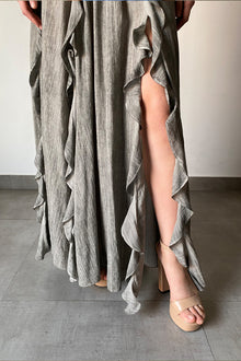 River Plunged Ruffle V-Neck Sleeveless Long Dress | Grey