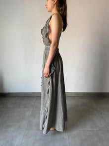 River Plunged Ruffle V-Neck Sleeveless Long Dress | Grey