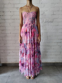 Rococo Sand | Zazu Halter-Neck Tropical Long Dress | Pink/Purple