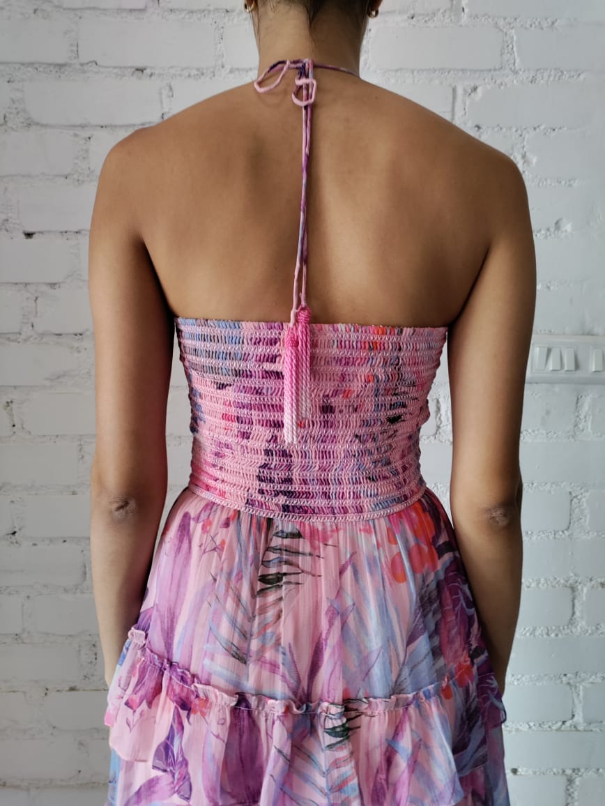 Rococo Sand | Zazu Halter-Neck Tropical Long Dress | Pink/Purple