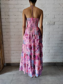 Rococo Sand | Zazu Halter-Neck Tropical Long Dress | Pink/Purple