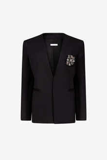 Crystal Brooch Collarless Blazer | Black
