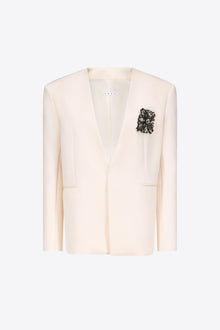 Crystal Brooch Collarless Blazer | Whipped White