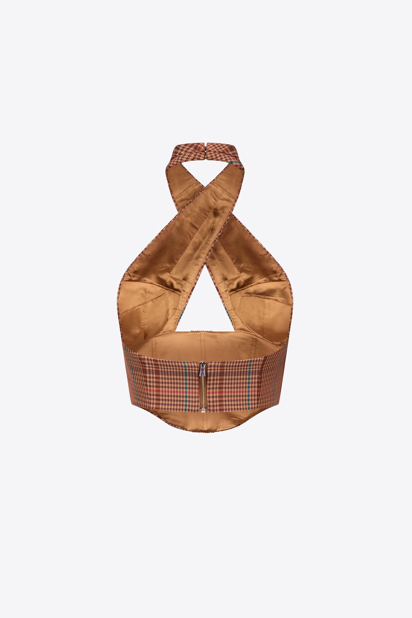 Crystal Button Checked Halter Top | Caramel Multi