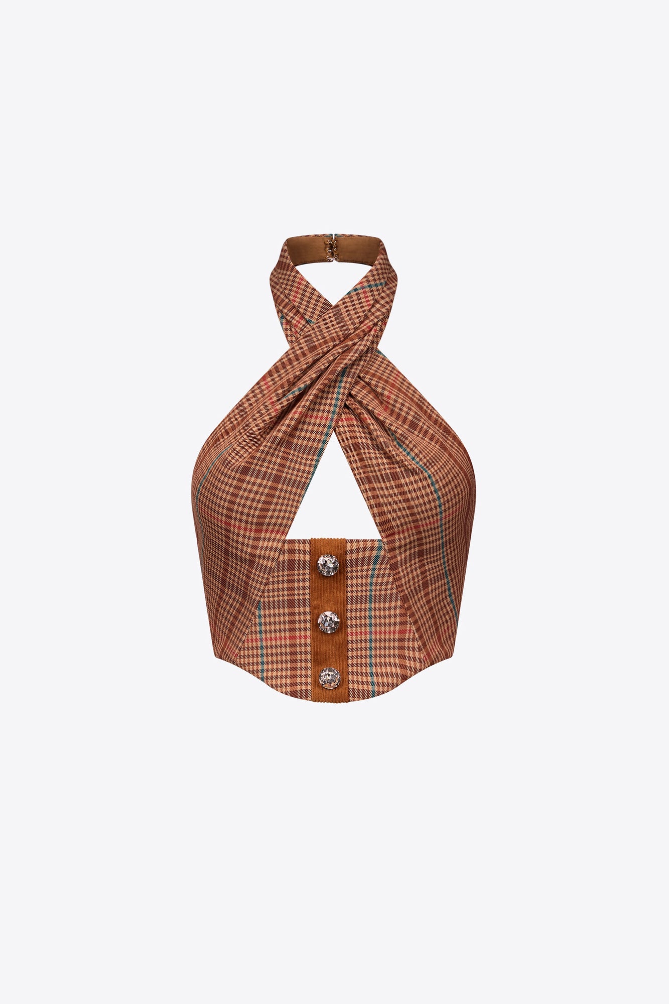 Crystal Button Checked Halter Top | Caramel Multi