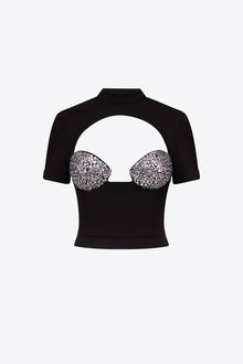 Crystal Embellished Raglan Bustier Cup T-Shirt | Black