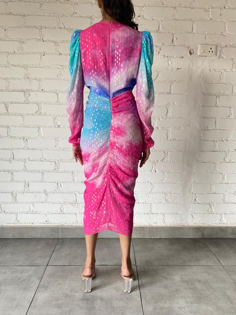 Cloud Viscose Georgette Buta Midi Dress | Blue/Pink