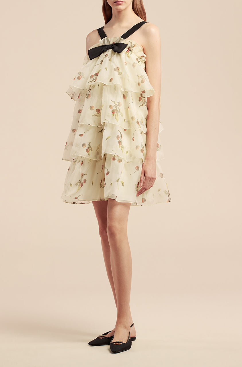 Cherry Tiered Organza Dress | Cherry Print Ivory Combo