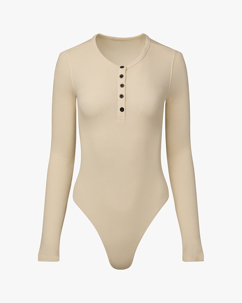 Crew Neck Henley Bodysuit | Ivory