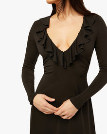 Ruffle V Neck Mini Dress | Black