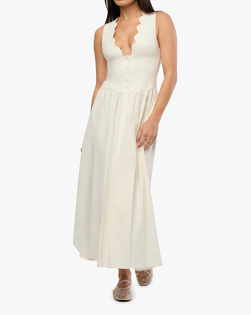 Button Front Scallop Dress | White