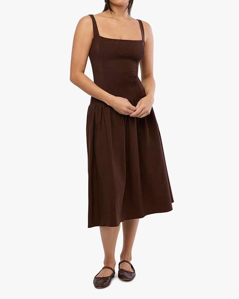 Smocked Drop Waist Midi Dress | Muted Eggplant