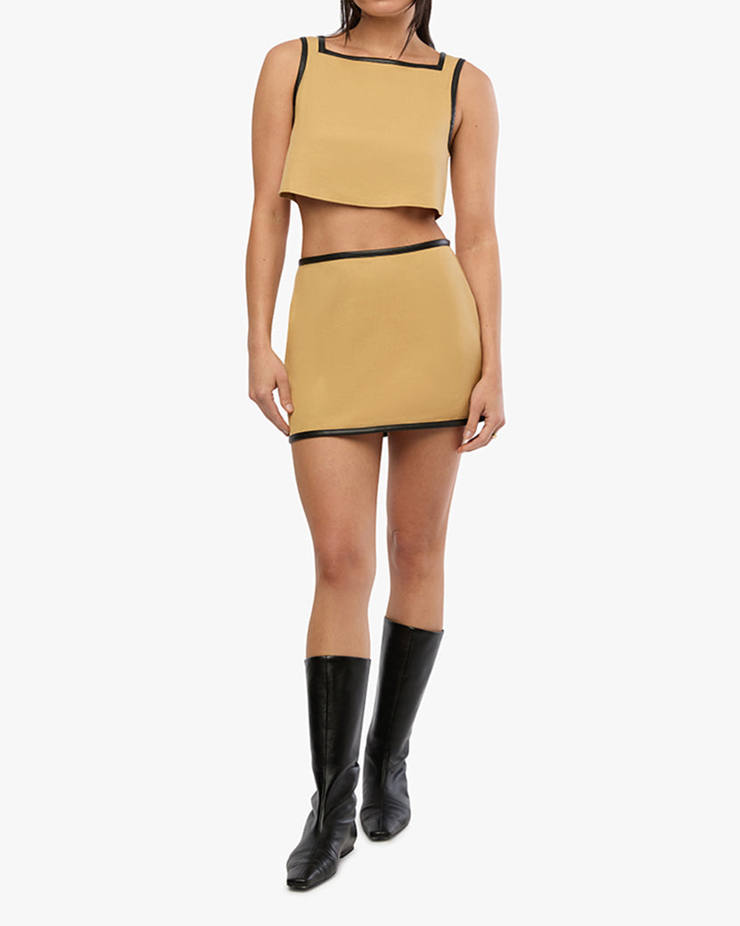Leather Trim Mini Skirt | Warm Taupe/Black