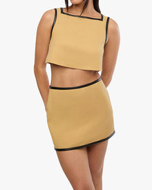 Leather Trim Cropped Top | Warm Taupe/Black