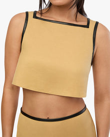 Leather Trim Cropped Top | Warm Taupe/Black