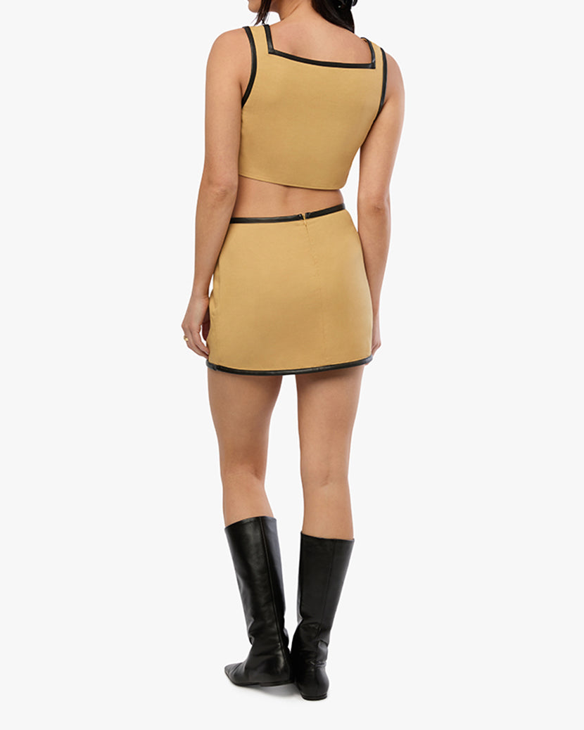 Leather Trim Mini Skirt | Warm Taupe/Black