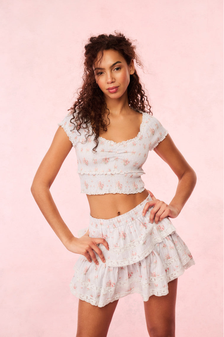 Ruffle Mini Blue Floral Skirt | Skylight Blue