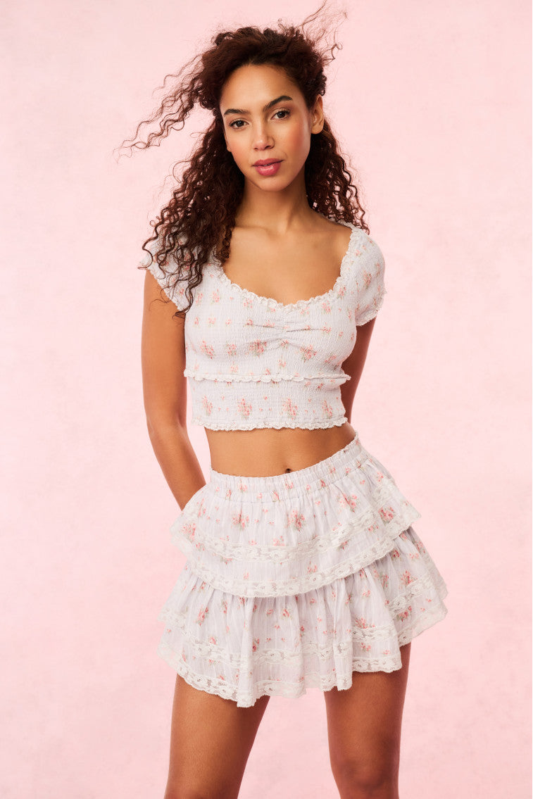 Ruffle Mini Blue Floral Skirt | Skylight Blue