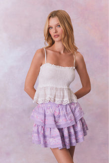 Purple floral ruffle mini skirt with lace on the two tiers. 