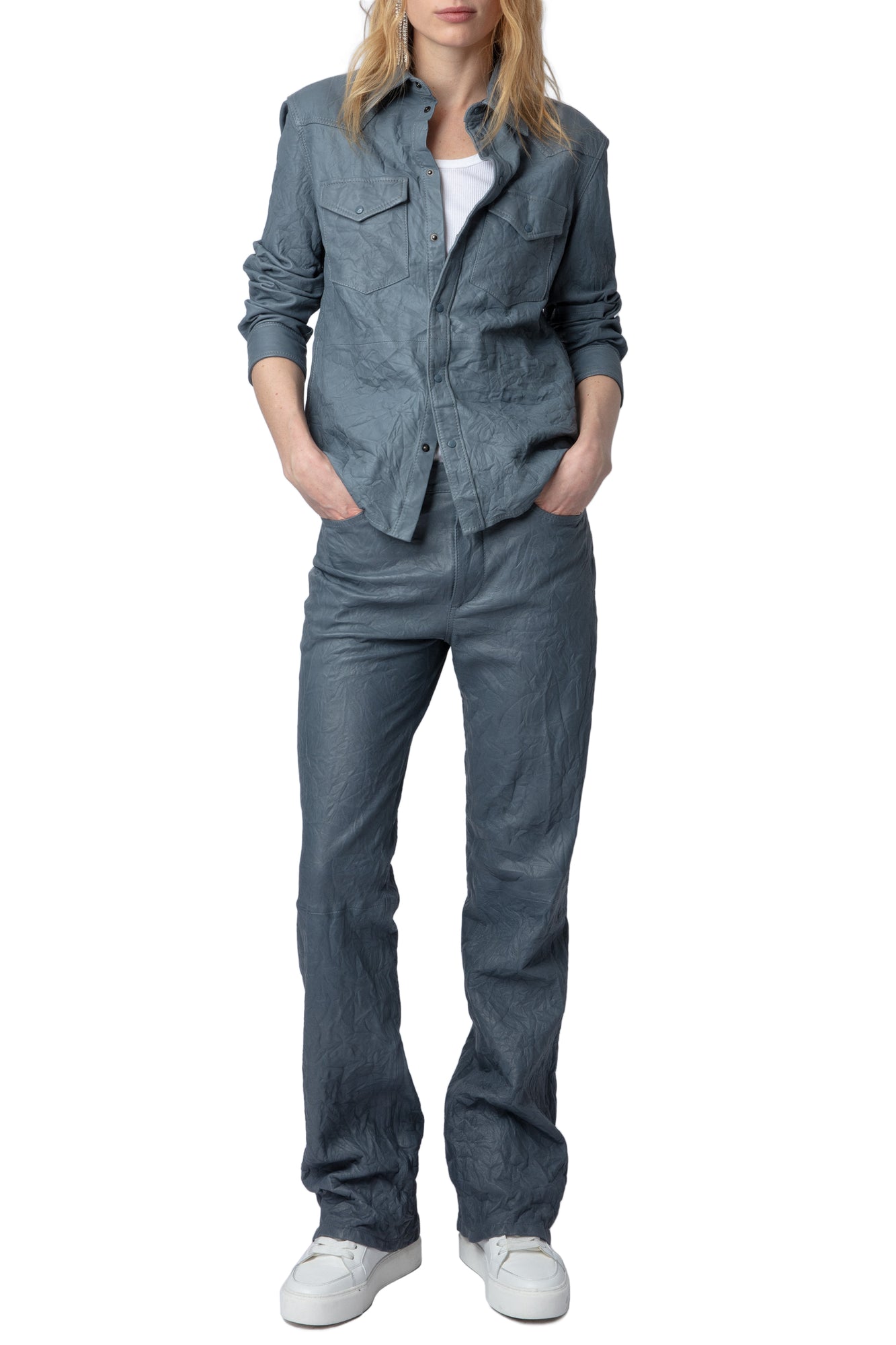 Pistol Creased Leather Pants | Light Blue