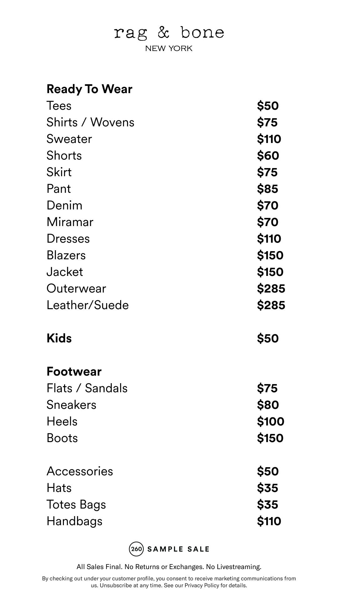 Price table