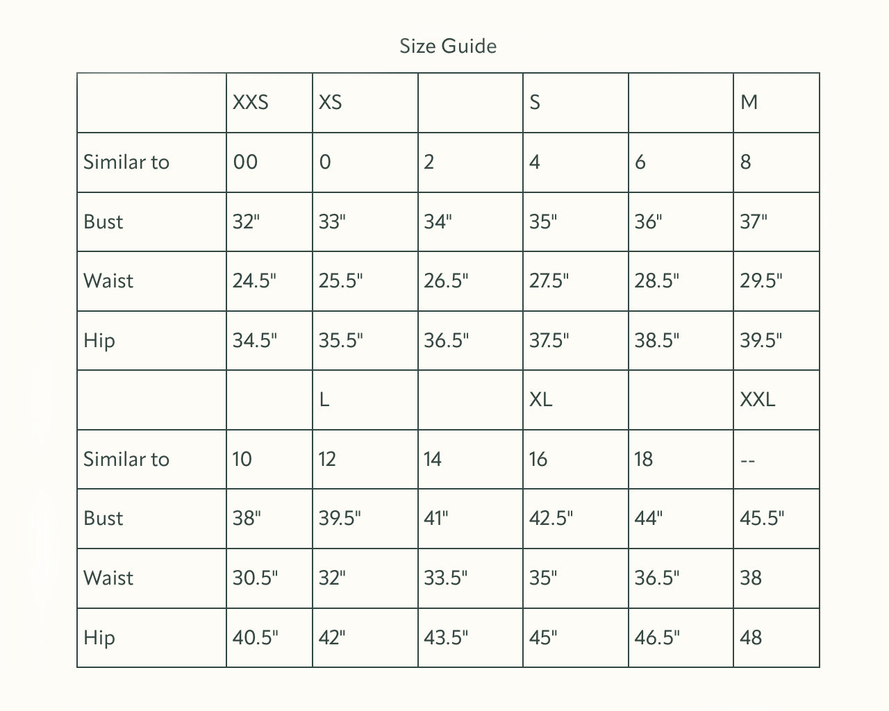 Product size guide