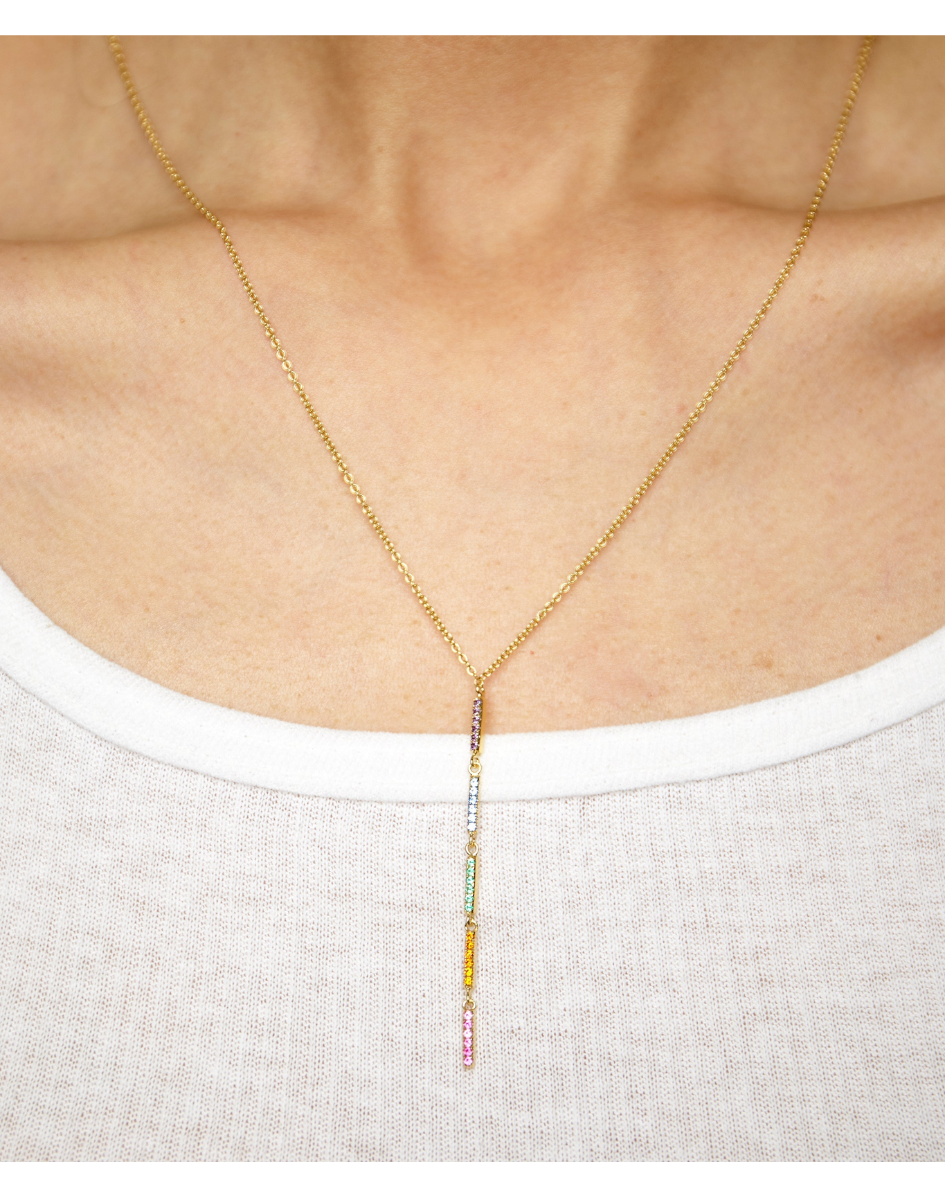 Rainbow Bar Drop Necklace with Multicolor Stone Design | Gold Vermeil Plating