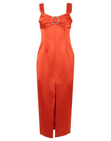Rasario | Women | Buckled Draped Satin Midi Dress | Orange