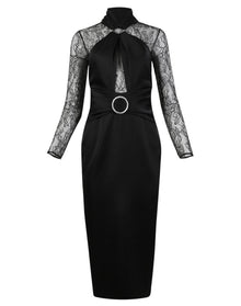Rasario | Women | Draped Satin Lace Midi Dress With Buckle Ring | Black