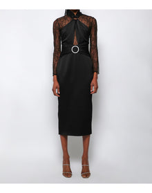 Rasario | Women | Draped Satin Lace Midi Dress With Buckle Ring | Black