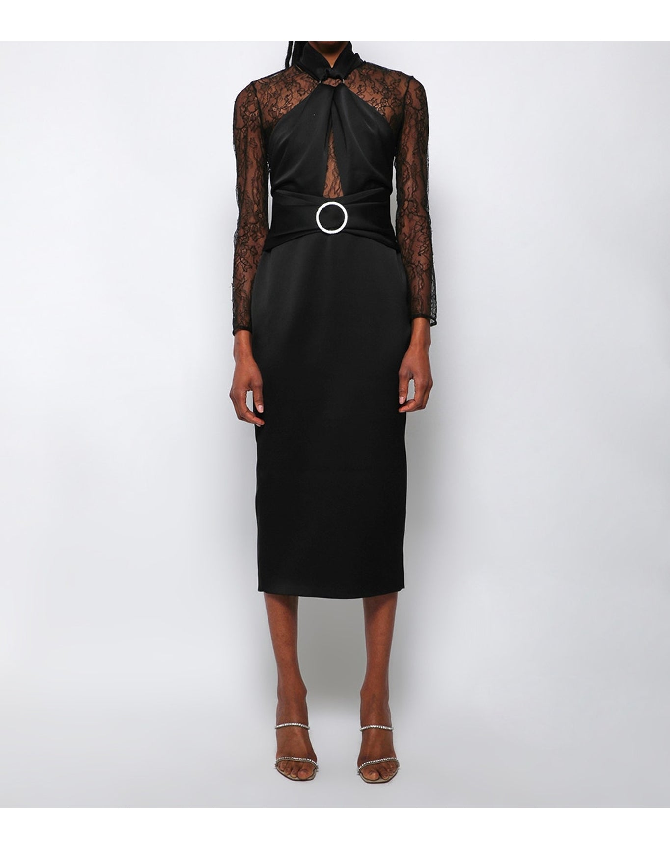 Rasario | Women | Draped Satin Lace Midi Dress With Buckle Ring | Black