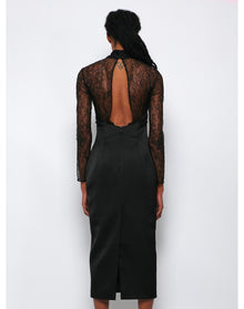 Rasario | Women | Draped Satin Lace Midi Dress With Buckle Ring | Black
