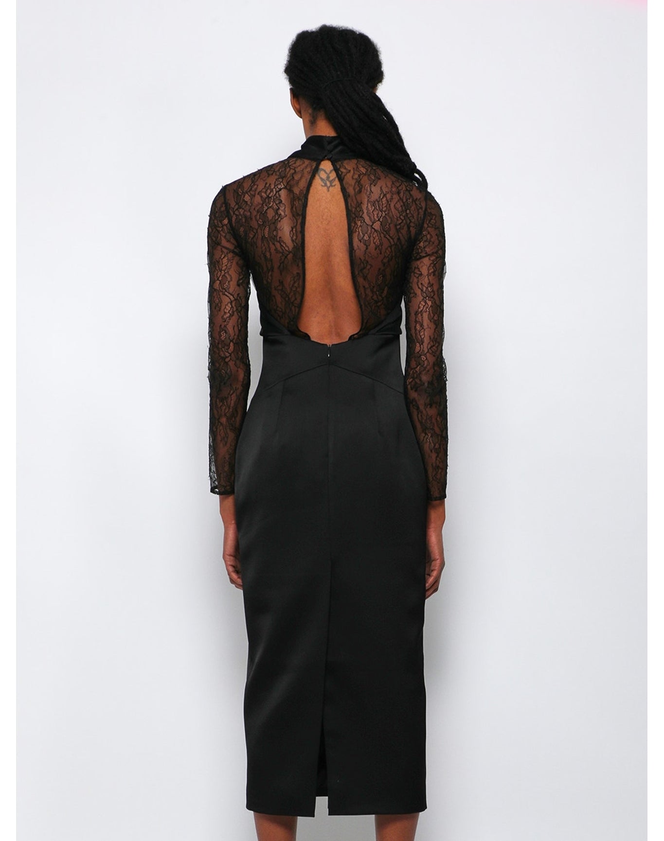 Rasario | Women | Draped Satin Lace Midi Dress With Buckle Ring | Black