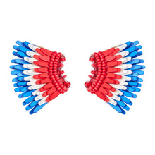 Red, White, and Blue Sequin and Bead Wing Stud Earrings on White Background