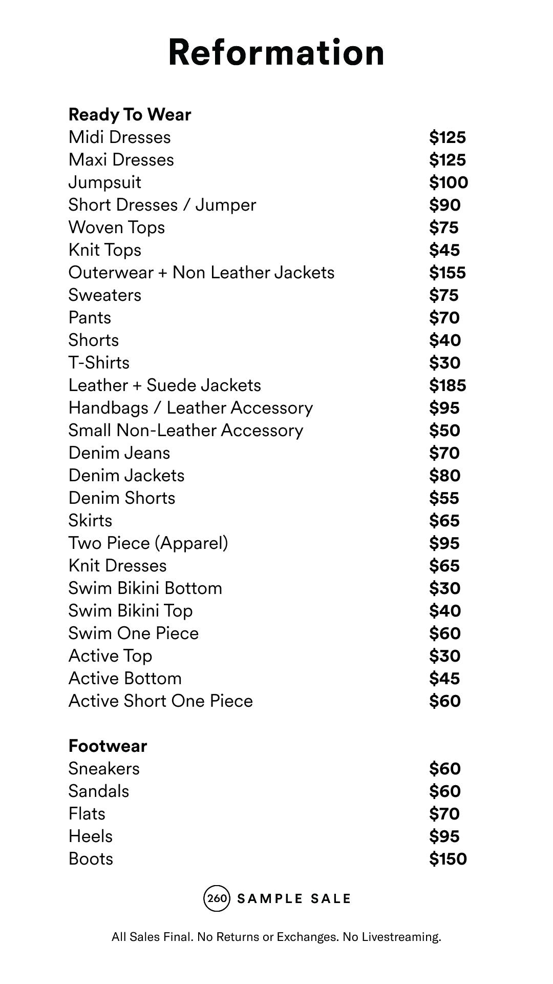 Price table