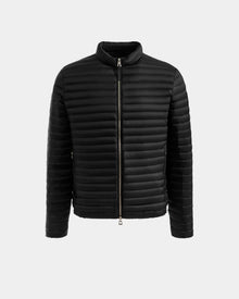 The Rudsak REYMOND M - M125523 Black men’s down jacket features RDS-certified down, quilted horizontal stitching, a zip-up front, long sleeves, and a short collar, shown against a plain light gray background.