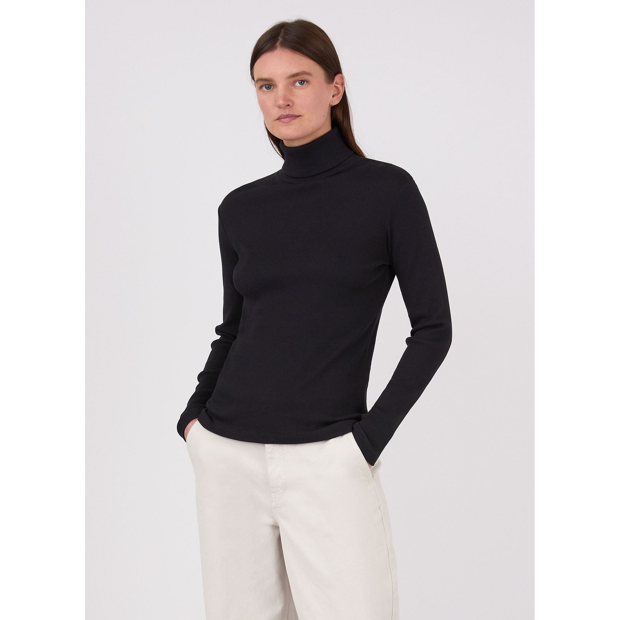 Rib Roll Neck T-shirt | Women | Black