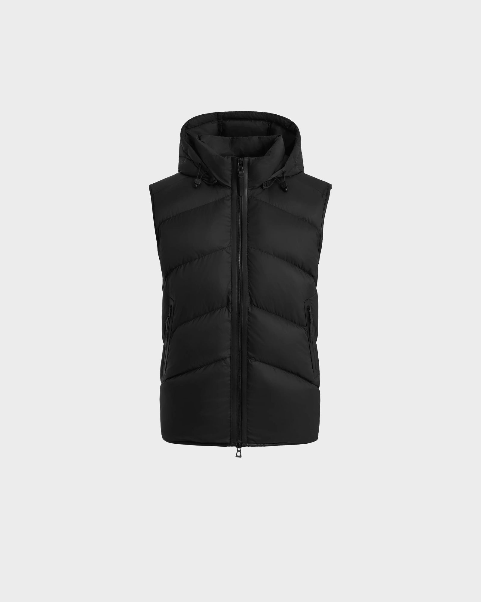 The Rudsak RICHARDSON - M125527 Black men’s hooded vest offers lightweight warmth with a zip front, water-repellent fabric, horizontal quilting, and zippered pockets—shown against a plain white background.
