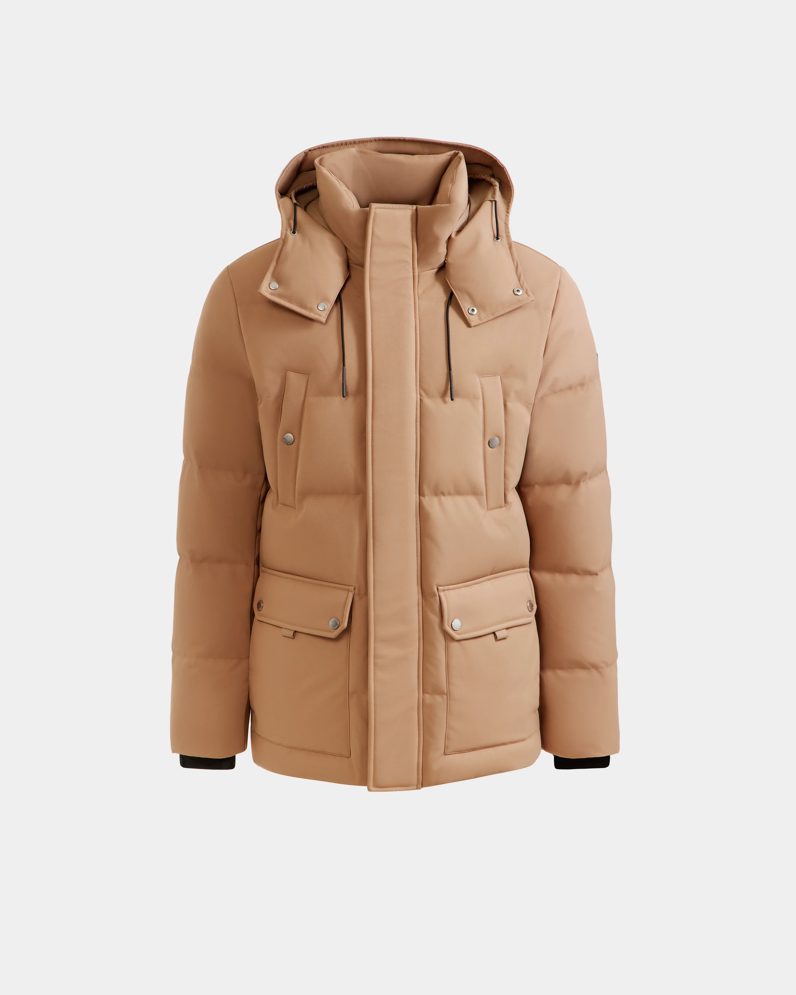 The Rudsak RICKY - M123502 Sand men’s quilted down parka features a hood, front zipper, snap buttons, and multiple front pockets—a winter essential shown on a white background.
