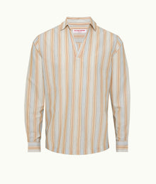 Ridley Relaxed Fit Open Resort Placket Soft Stripe Cotton Shirt | Blue/Biscuit Stripe