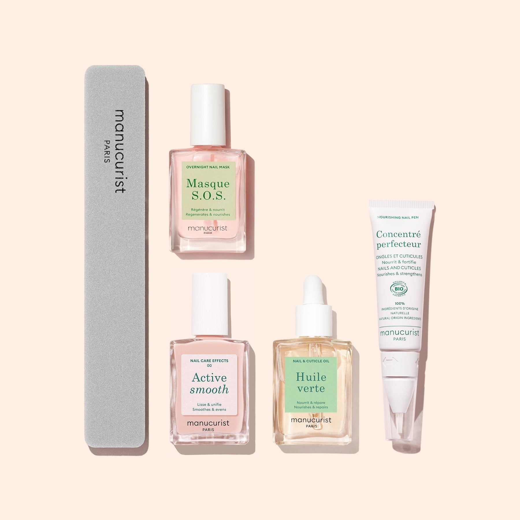 The Manucurist Starter Routine - Ridged Nails set features four manicure products on a light pink background: a gray nail file, Masque S.O.S., Active Smooth, Huile Verte cuticle oil, and a Concentré Perfecteur tube.