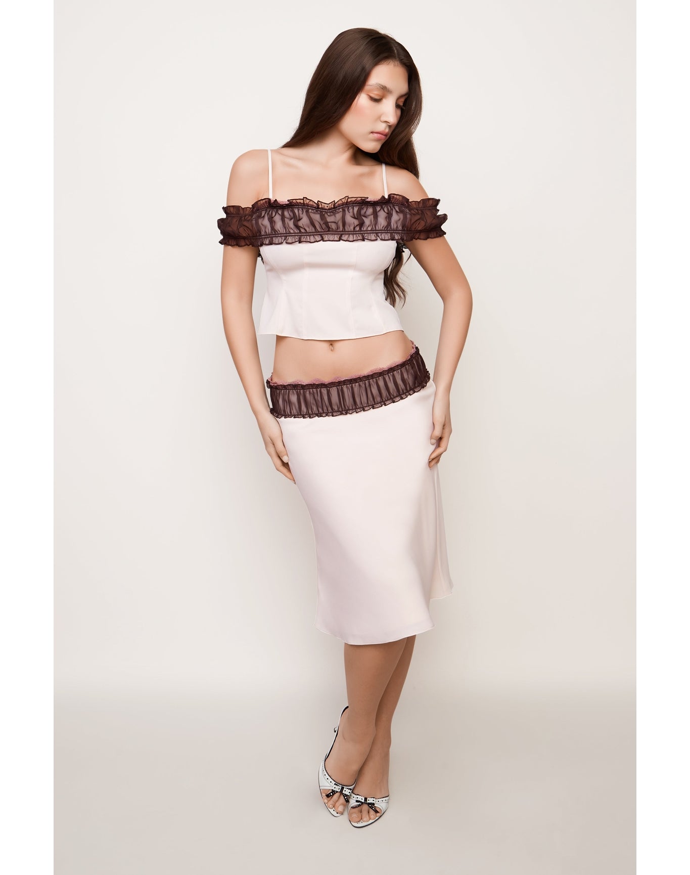 Ruched Chiffon Lace Midi Skirt | Ballet Slipper