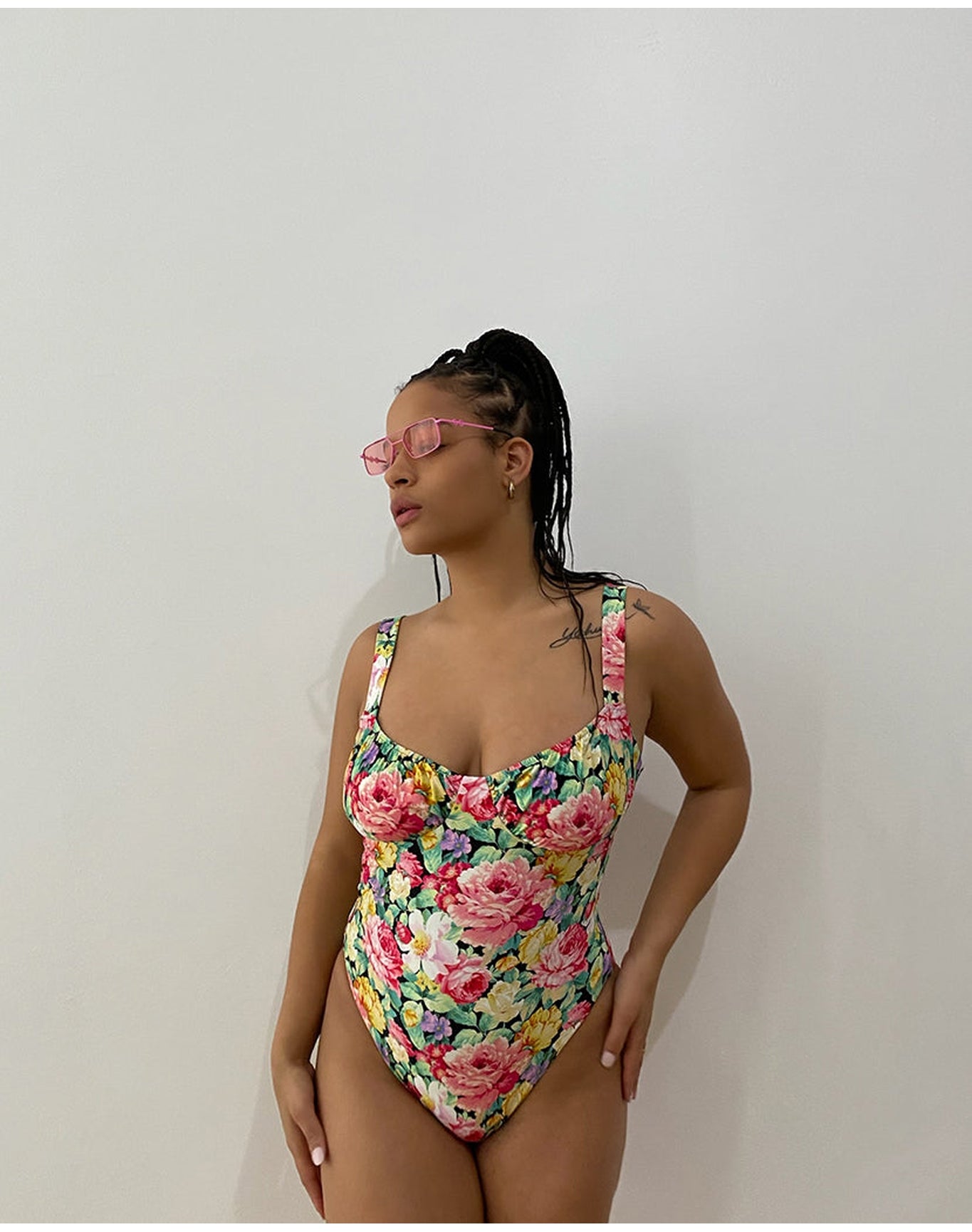 Ruched Cup Vintage Roses One Piece | Black