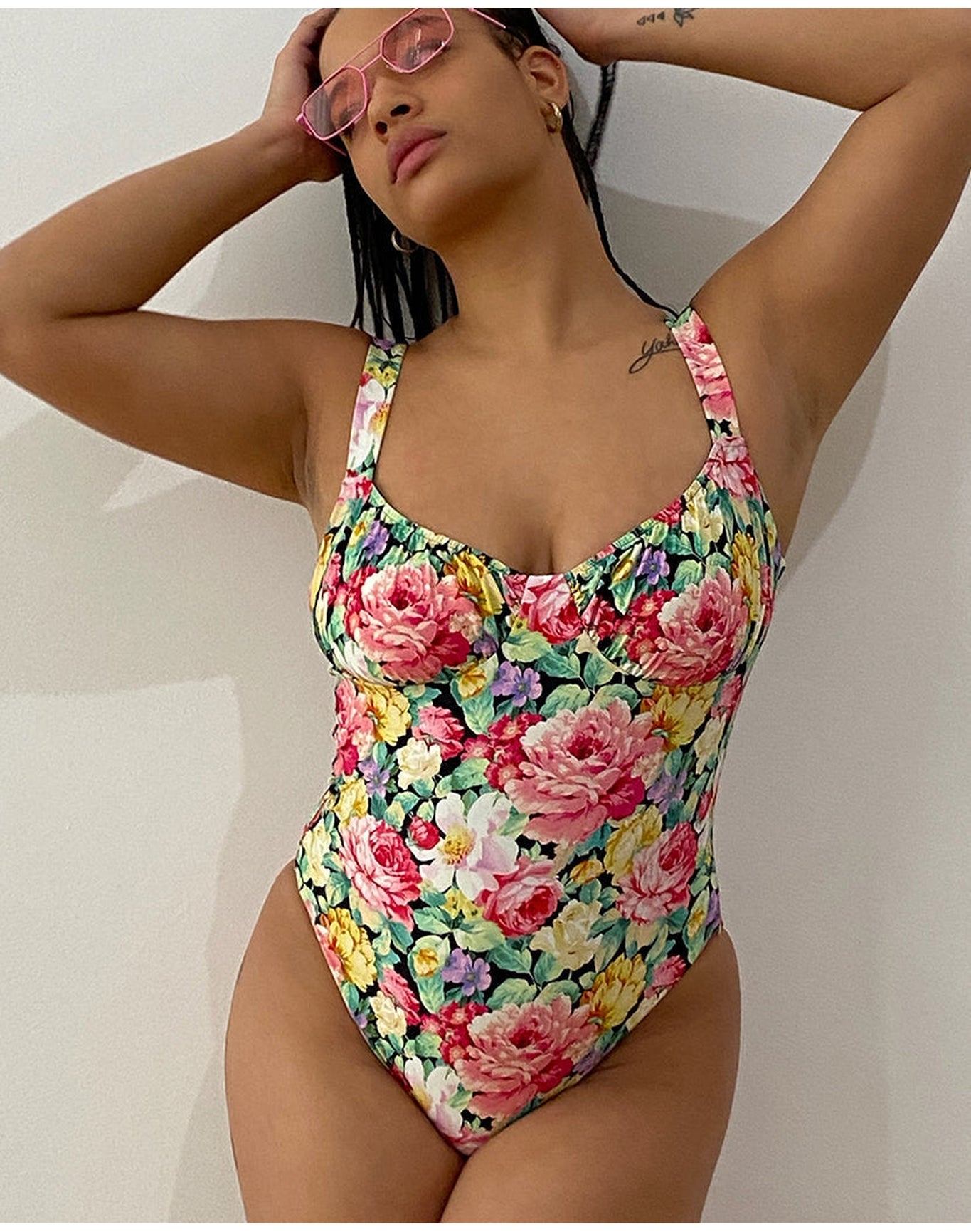 Ruched Cup Vintage Roses One Piece | Black