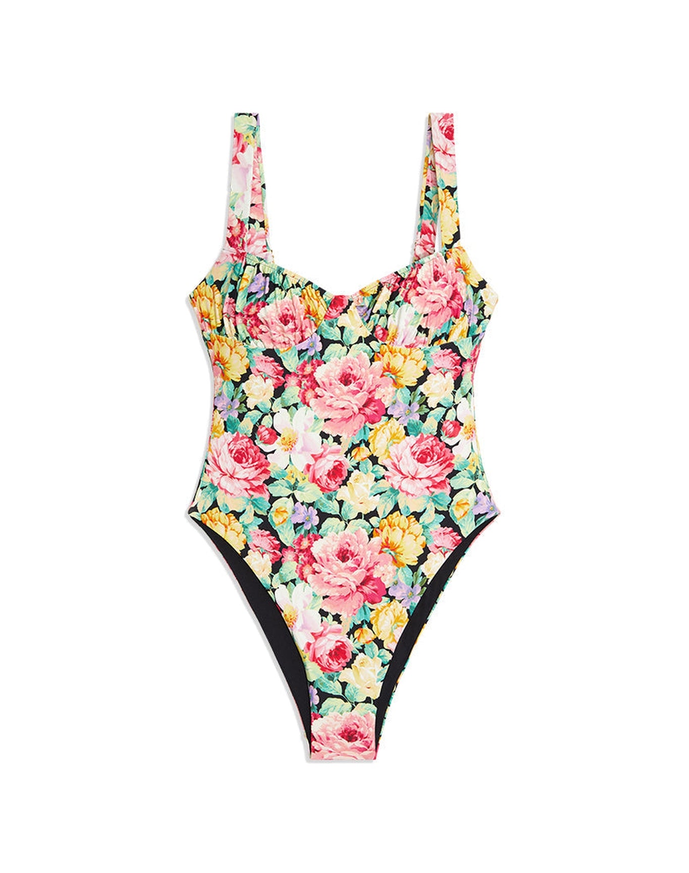 Ruched Cup Vintage Roses One Piece | Black