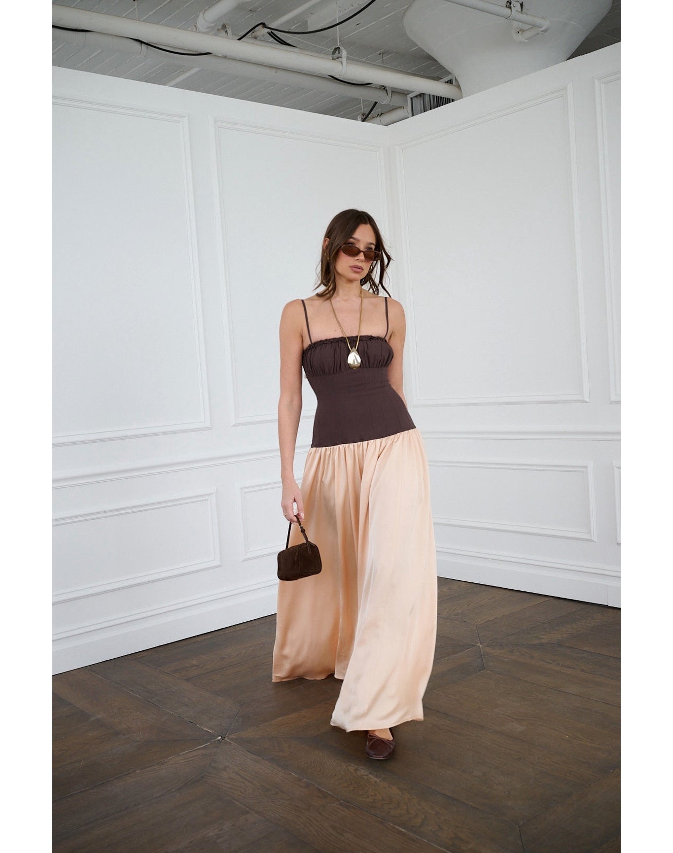 Ruffle Corset Maxi Dress | Chestnut x Blush